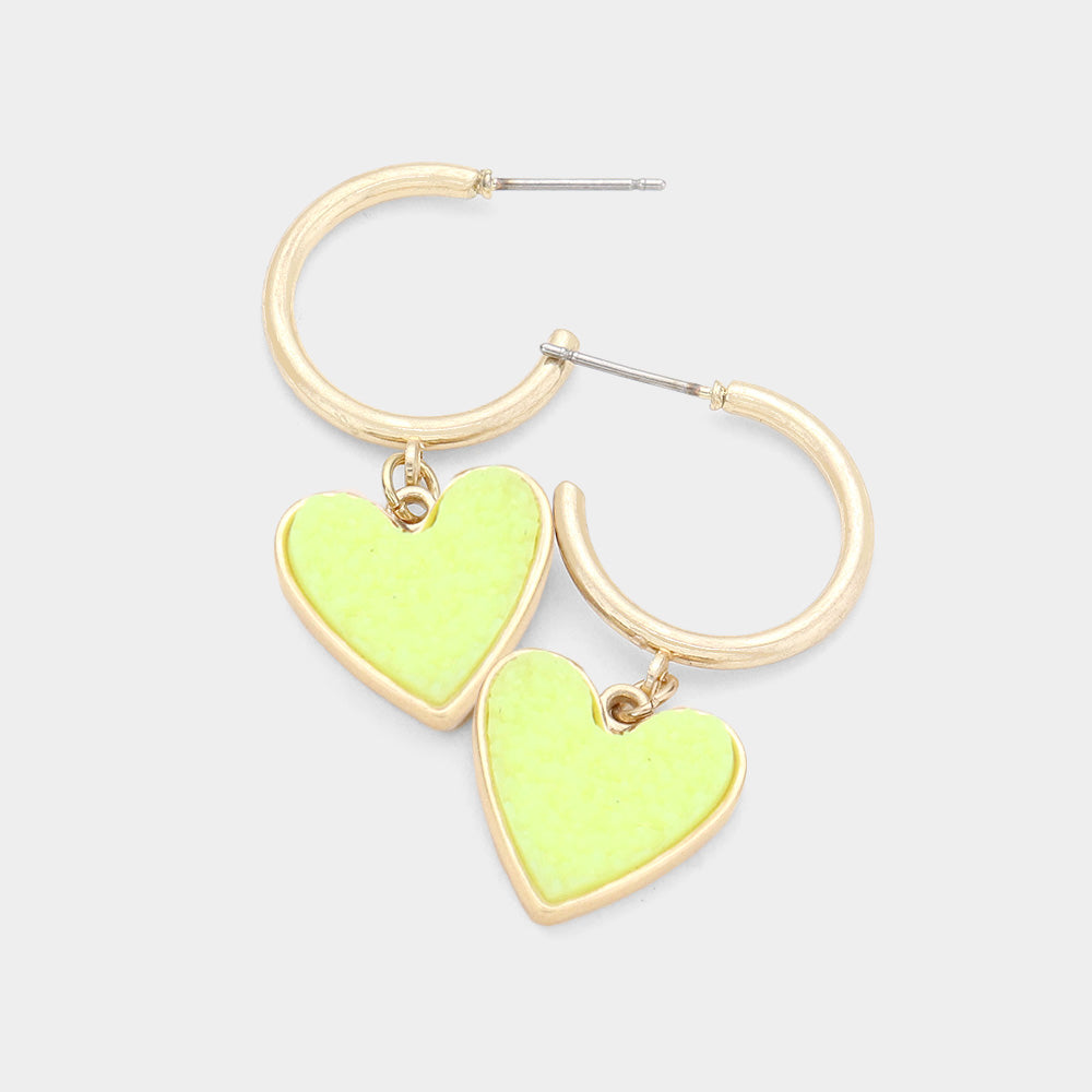 Metal Half Hoop Druzy Heart Dangle Earrings - 2 assorted